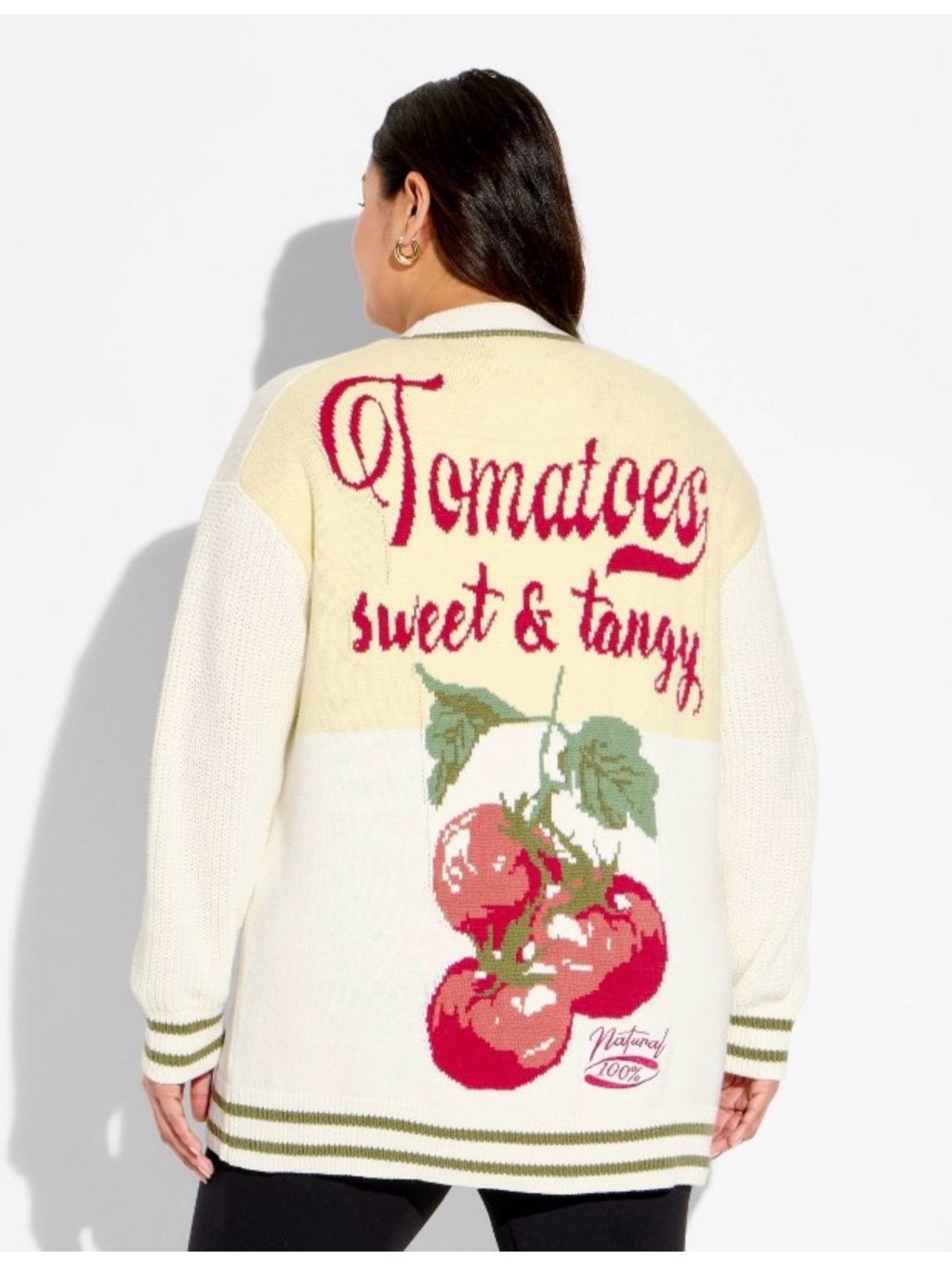 Cream Button-Front Cardigan with Green Trim and tomatoes sweet and tangy